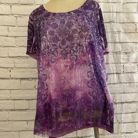 Women’s purple sequin short sleeve t-shirt 1X - Picture 1 of 4